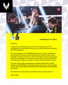 「Team Vitality」Twistenの逝去を受け、VCT 2023 LCQおよびChampionsへの不参加を発表