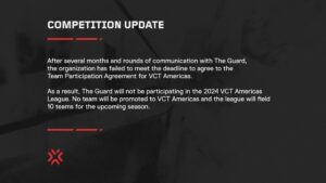 「The Guard」VCT Americasのチーム参加同意書の期限を守れず、2024年シーズンAmericasリーグのみが10チームのままに